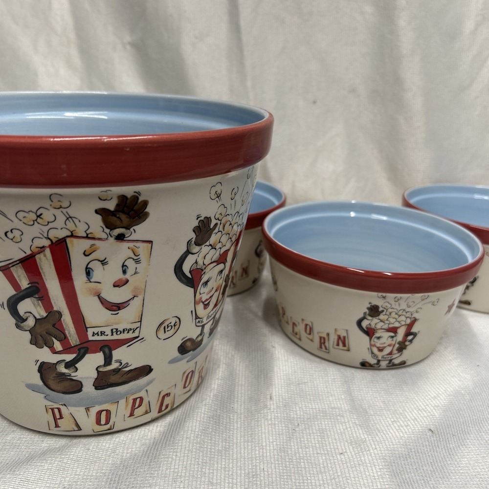 4Piece-Everybody Loves Popcorn Ceramic Bowl Family Retro Graphics Mr & Ms Poppy